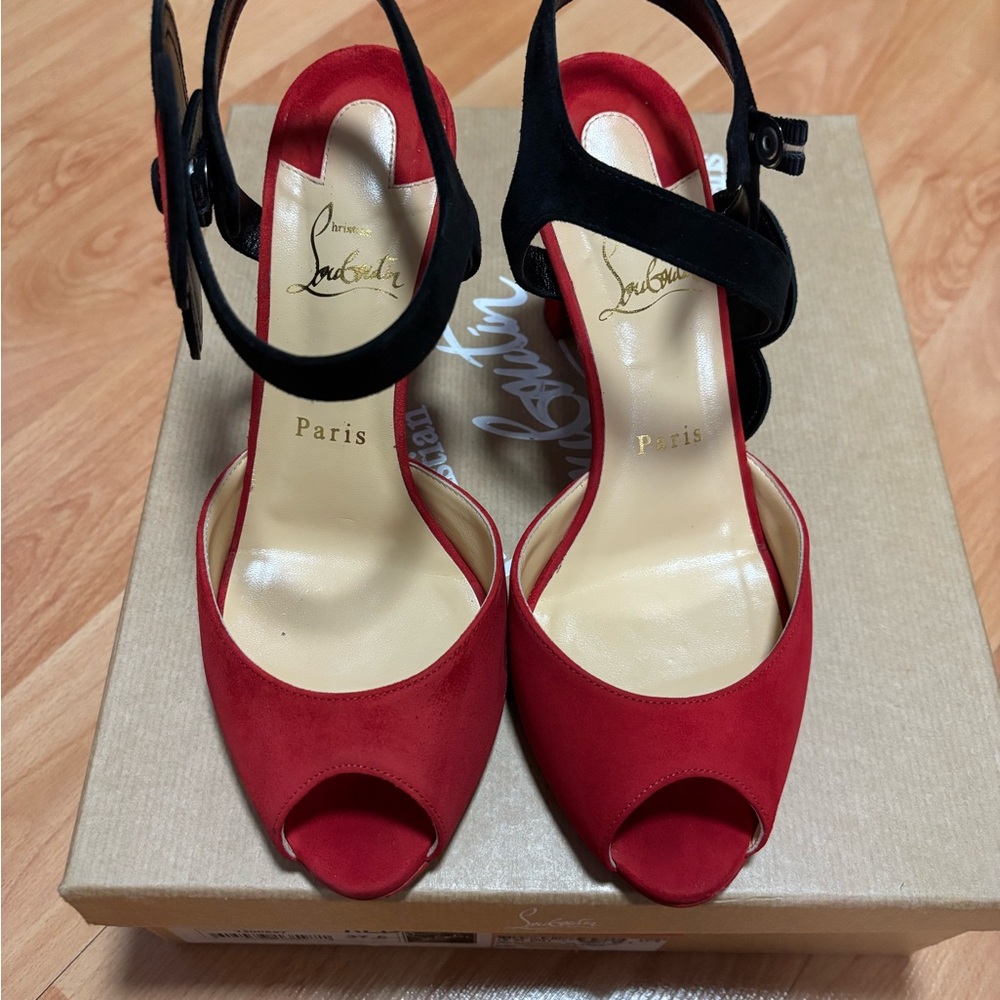 Christian Louboutin Red and Black Peep-Toe Heels